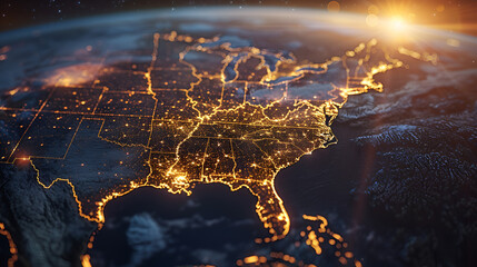 christmas tree in the night,
 3D illustration of USA and North America from space at night with city lights showing human activity in United States  - obrazy, fototapety, plakaty