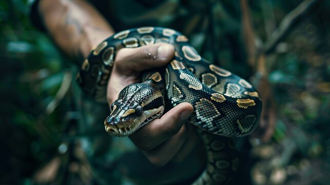 A person holding a python, demonstrating its size and highlighting its docile nature when handled properly.