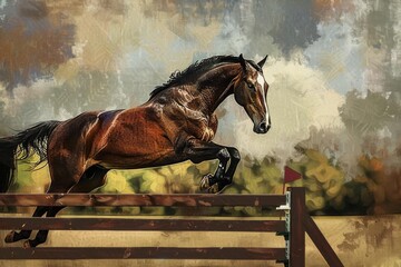 graceful equine leap majestic horse effortlessly jumping fence digital painting - obrazy, fototapety, plakaty