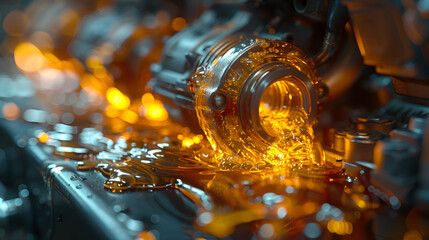 close up of a glass of water,
3D footage with the car engine working. Concept of motor with oil lubricant splash and flow - obrazy, fototapety, plakaty