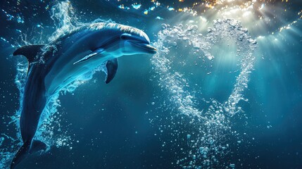 Fototapeta premium banner background National Dolphin Day theme, and wide copy space, A dolphin blowing bubbles and creating a heart shape underwater, 