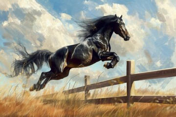 graceful equine leap majestic horse effortlessly jumping fence digital painting