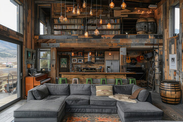 Photo of rustic modern interior, large open space with bar and seating area above in the style of industrial chic, grey sofa, wood floors, big windows on the side overlooking the ocean.Created with Ai
