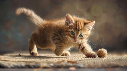 Naklejka premium A playful kitten chasing a toy, capturing its energy and curiosity.