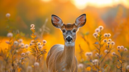 deer standing grass flowers free kill die ray golden sunlight closeup portrait dipstick tail wisconsin delicate face caza - obrazy, fototapety, plakaty