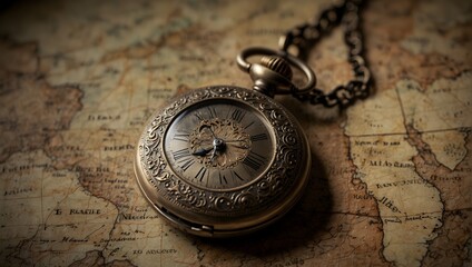 A vintage pocket watch, intricately designed with floral engravings and a delicate chain, lying atop an old, weathered map Generative AI
 - obrazy, fototapety, plakaty