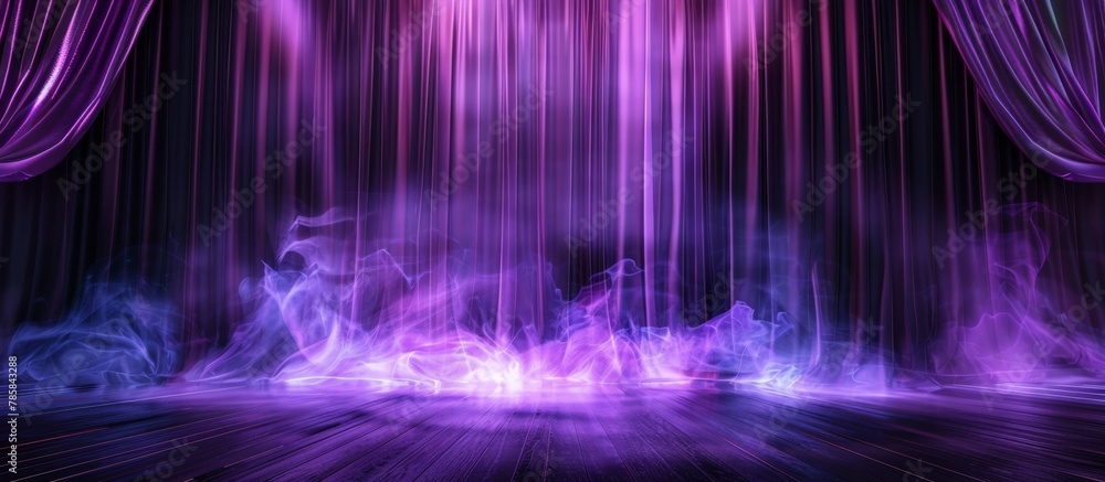 Poster a stage set up with elegant purple curtains and filled with mysterious smoke creating an atmospheric