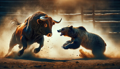 bull and a bear facing off in a fierce battle amidst a dusty arena. The bull, powerful with prominent horns, - obrazy, fototapety, plakaty
