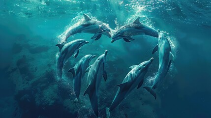 Fototapeta premium banner background National Dolphin Day theme, and wide copy space, A group of dolphins forming a heart shape with their bodies underwater, 