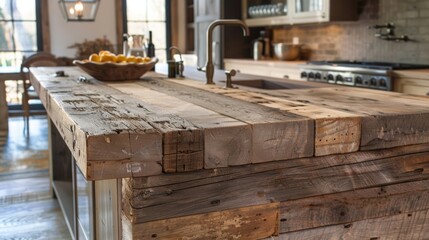 Fototapeta na wymiar A kitchen with stunning countertops made from reclaimed wood showcasing the beauty of upcycled materials and proving that sustainable design can also be luxurious. .