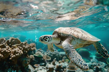 Obraz premium Sea turtle swimming in coral reef underwater.