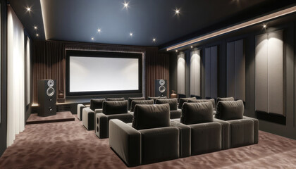sophisticated home cinema room with spacious, plush seating arranged for optimal viewing of a large projection screen. - obrazy, fototapety, plakaty