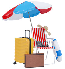 Summer holiday with Luggage, beach chairs, umbrella, passport, camera and beach accessories. Summer vacation concept for travel agency advertise sale or represent. 3d rendering