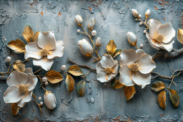 3D relief of an elegant magnolia flower wall mural, with leaves and flowers made from smooth clay texture on the gray background. Created with Ai