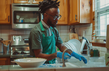 a man in a green apron and blue gloves washing dishes at home, smiling.