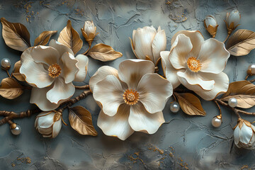 3D textured relief wall painting of magnolia flowers on grey background, with white vases and gold leaves . Created with Ai