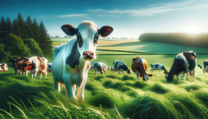 serene scene in a rural pasture with a group of white and brown cows calmly grazing on lush green grass under a clear blue sky. - obrazy, fototapety, plakaty