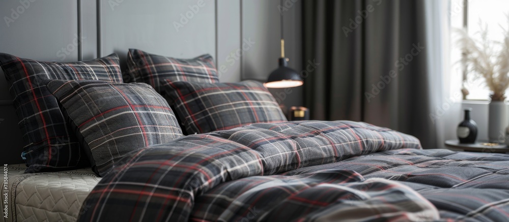 Poster close-up view of a comfortable bed featuring a plaid comforter and array of soft pillows for a cozy 