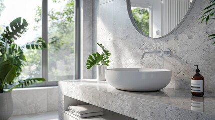 A luxurious bathroom features a polished concrete countertop with a marblelike pattern and glossy finish. This unique and elegant touch elevates the space transforming it into a spalike . - obrazy, fototapety, plakaty