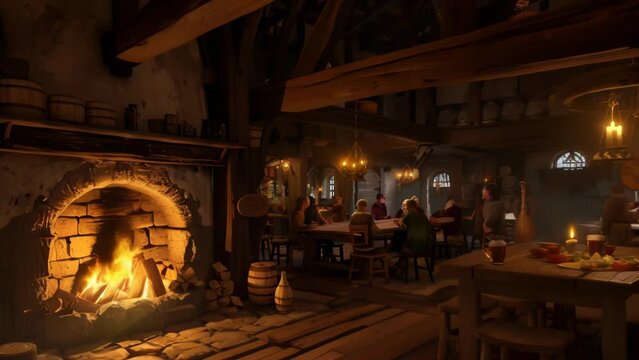 Interior of a tavern set in a fantasy world. Old wooden beams, stone-paved floors, and the warm glow of a fireplace define the space. 