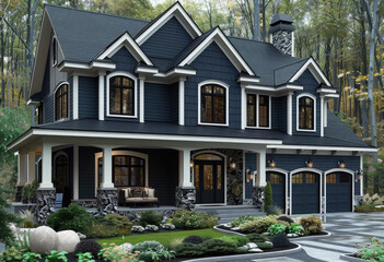Fototapeta na wymiar A photorealistic rendering of the exterior design for an upscale, twostory craftsman house in British dark blue with white trim and accents. Created with Ai