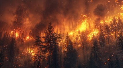 A wildfire raging through a forest, with flames engulfing trees and smoke billowing into the air, illustrating the power and destructive force of fire.
