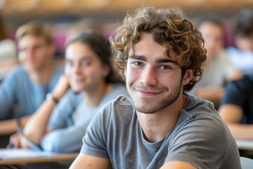 Young man with curls smiling in class