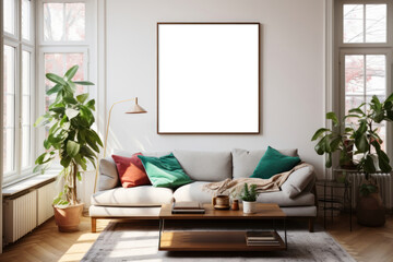 Obraz premium Picture fame mockup png living room interior, transparent design