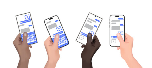 Different ethnicity and races Hand holds the smartphone with messenger application. Vector.