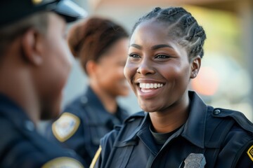 Police officer interacting with colleague - obrazy, fototapety, plakaty