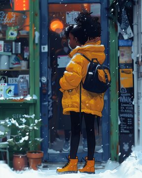 woman standing snow backpack yellow overall city black only front shop looking outside location teenage girl wearing wet coat orange illustrated interior tall door