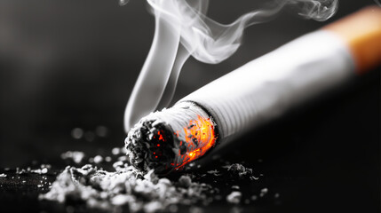 Lighted cigarette, there was smoke coming out. placed on a black background