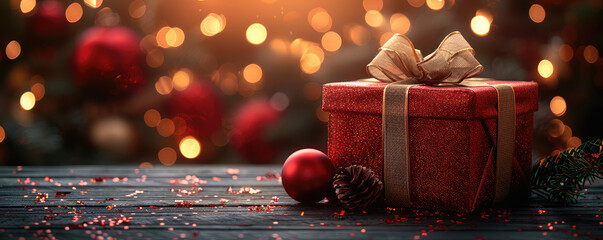 A red gift box with a white ribbon, adorned with Christmas decorations and bokeh lights in the background. Created with Ai