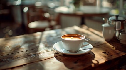 cup coffee wooden table spoon connecting life sharp sunray lighting arabic pronunciation bah bar background pensive lonely round cropped wake uncluttered resting