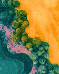 Drone view of surreal fruit forms in pop art colors, stark against a pastoral landscape, morning haze,