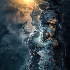 Drone view over a surreal depiction of Earth, stark contrasts between oceans and continents, dusk,