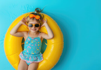 Top view of little girl in sunglasses with headband on yellow inflatable ring, floating and smiling at camera while swimming pool background, summer vacation concept - obrazy, fototapety, plakaty