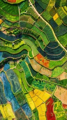Obraz premium Overhead shot of a colorful land, different pop artinspired fruit shapes dotting fields, clear sky,