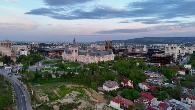 Drone view of Palace of Culture from Iasi Romania at sunset