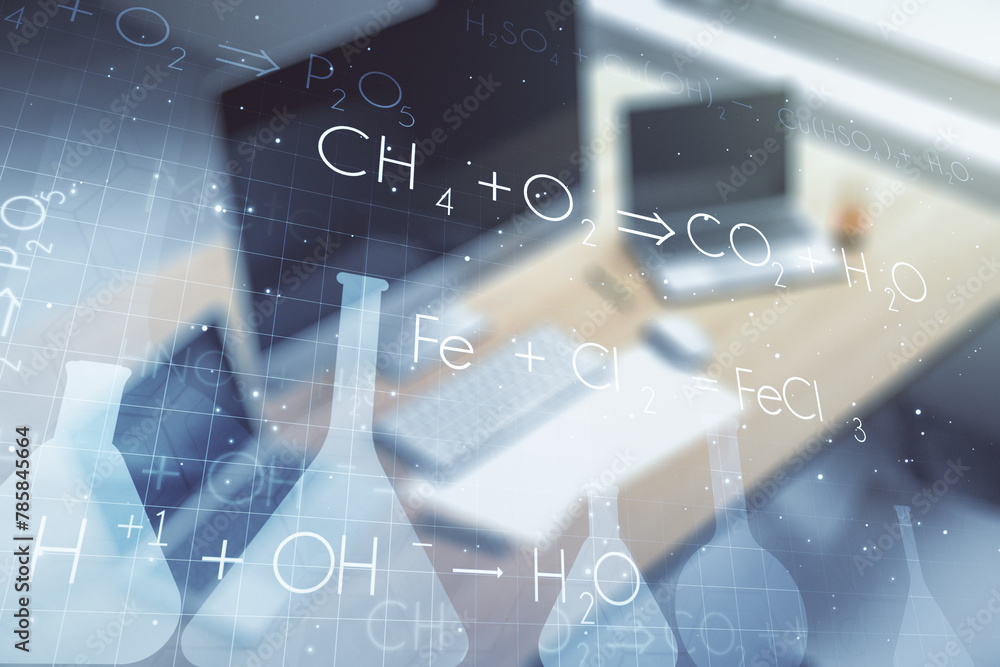 Poster creative chemistry concept and modern desktop with computer on background. multiexposure