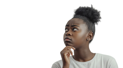 Young black woman in a white t-shirt, thoughtful, suspicious, transparent background