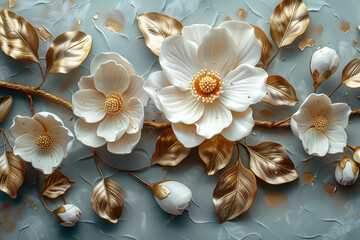 3D flowers, relief style with gold leaf and paint, elegant, beautiful, detailed, white flowers, cream colored leaves. Created with Ai