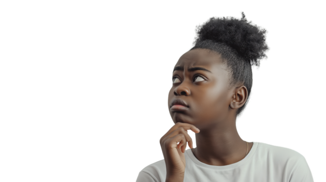 Young black woman in a white t-shirt, thoughtful, suspicious, transparent background