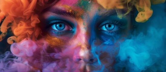 Blue-eyed woman with a colorful hairstyle confidently stares into the camera - obrazy, fototapety, plakaty