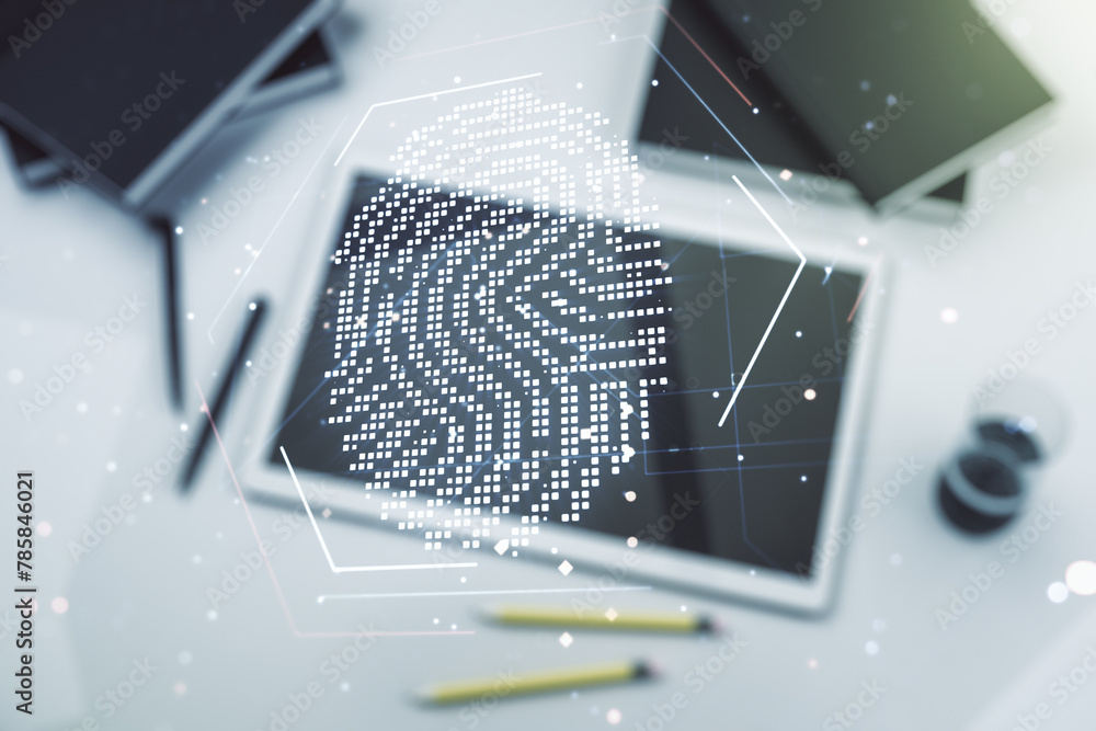 Poster multi exposure of abstract creative fingerprint illustration and modern digital tablet on background