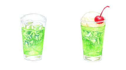 メロンソーダとメロンクリームソーダのセット　飲み物の手描き水彩イラスト素材