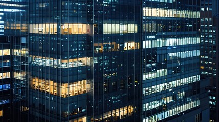 Pattern of office buildings windows illuminated at night, Modern office buildings, Generative AI