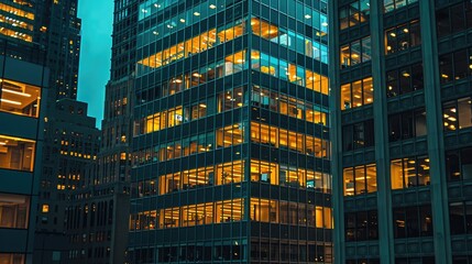 Fototapeta na wymiar Pattern of office buildings windows illuminated at night, Modern office buildings, Generative AI