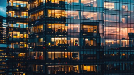 Pattern of office buildings windows illuminated at night, Modern office buildings, Generative AI