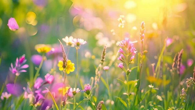 Nature background. Beautiful summer meadow background. Inspirational nature, field of flowers with a bright sun shining on them. flowers are yellow and pink. Scene is cheerful and peaceful